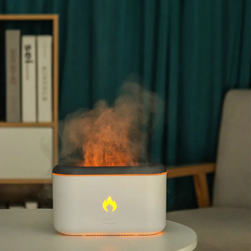 3D flame humidifier 300ml ultrasonic aroma diffuser in black with USB cable on desk