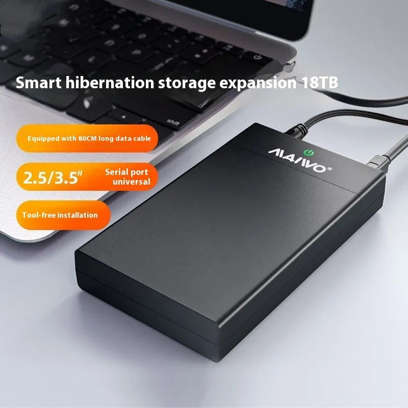 3.5 inch SATA to USB 3.0 hard disk enclosure in black and silver colour with power supply and data cable.