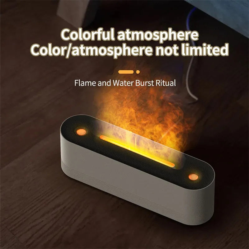 Black Flame Air ultrasonic humidifier diffuser emitting cool mist with a multi-colour LED flame light effect at its base.