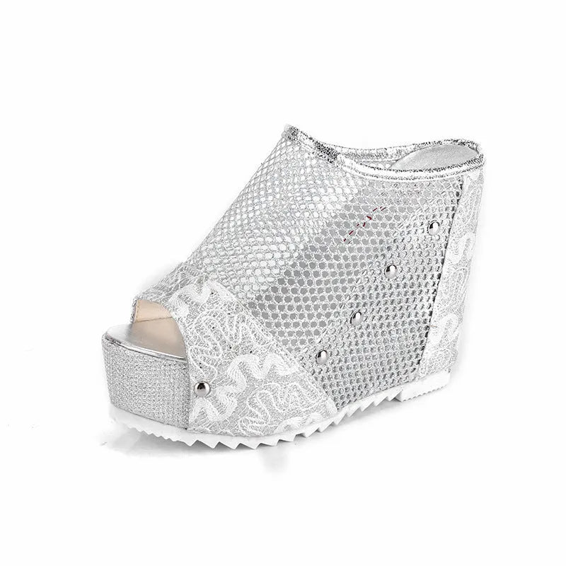 Korean platform lace-up sandals with a mesh upper, hollowed-out heel, and chunky waterproof sole in black, gold, or silver.