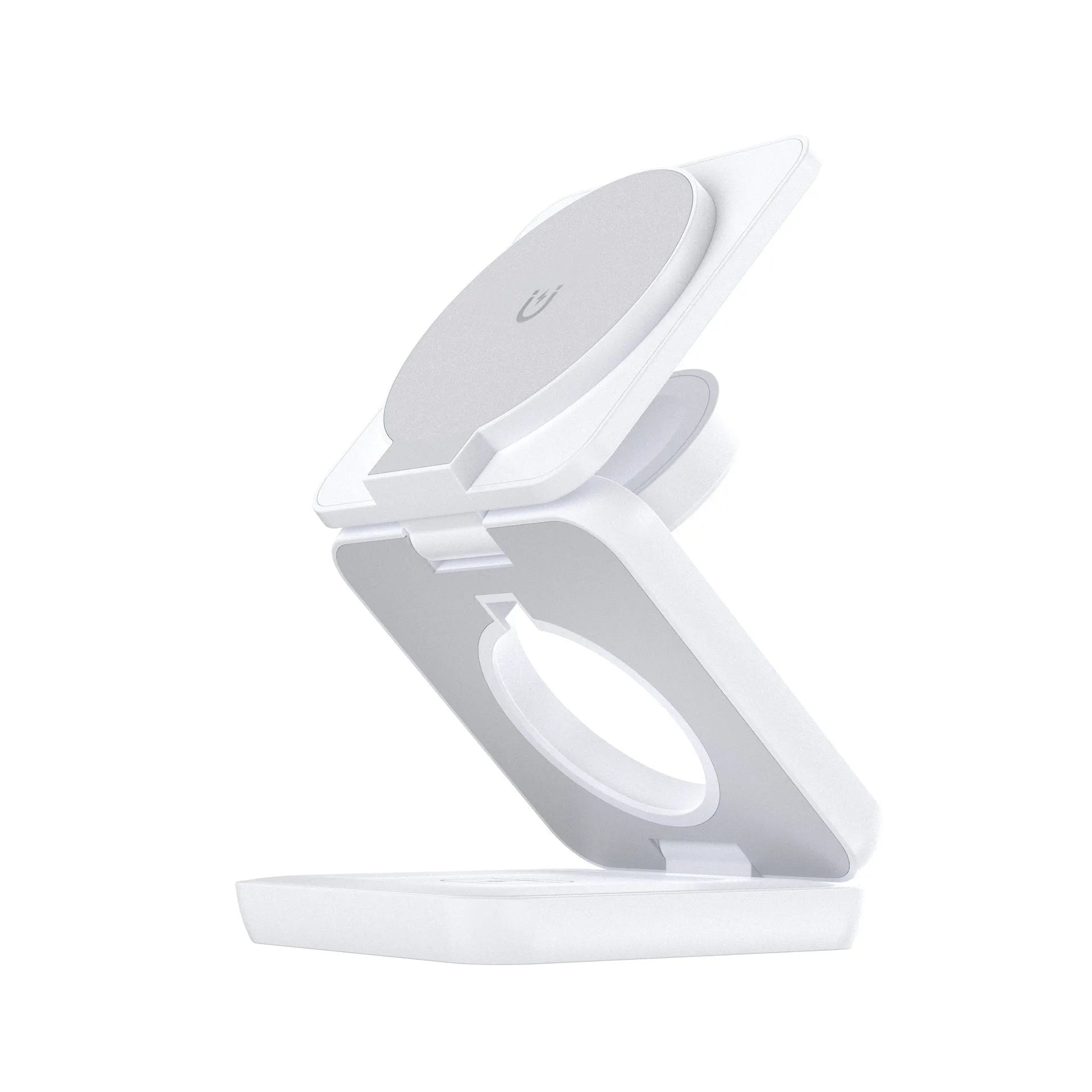 Foldable magnetic wireless car phone charger holder in white on car dashboard