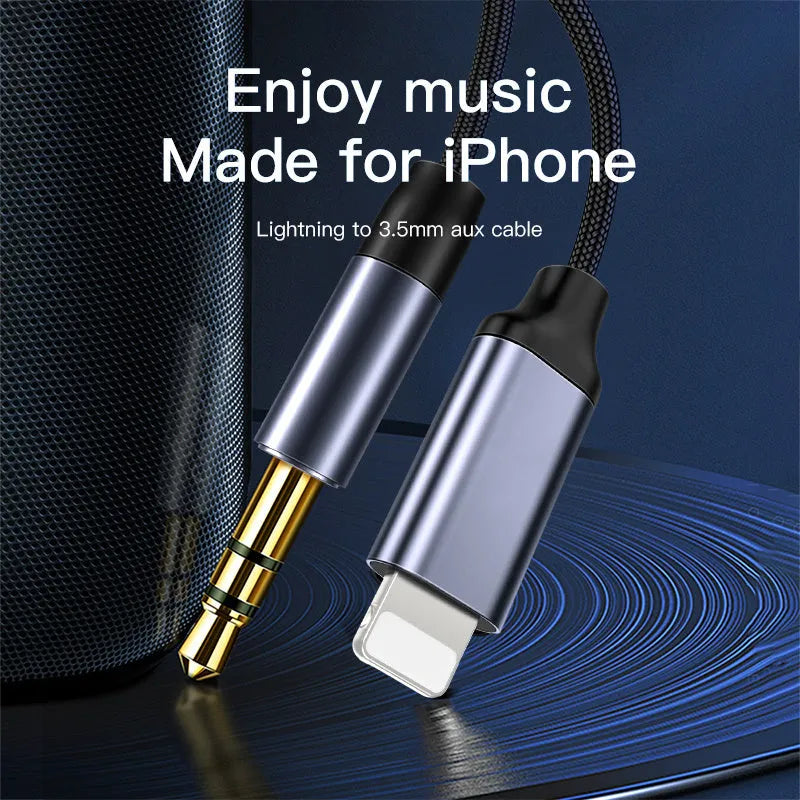 Silver nylon-braided audio headphone cable showing length options of 0.5m, 1m, and 1.5m.