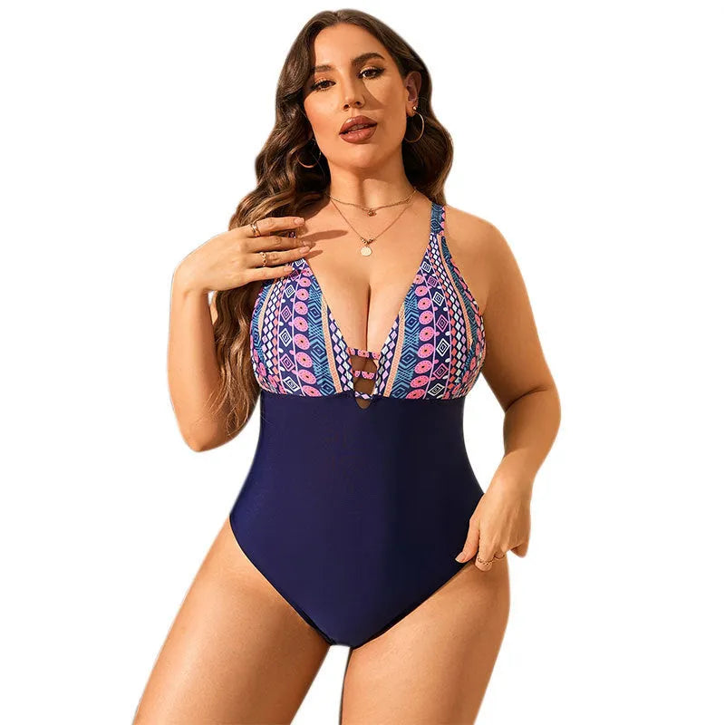 Plus size leopard print one-piece swimsuit with V-neck and tummy control panel.