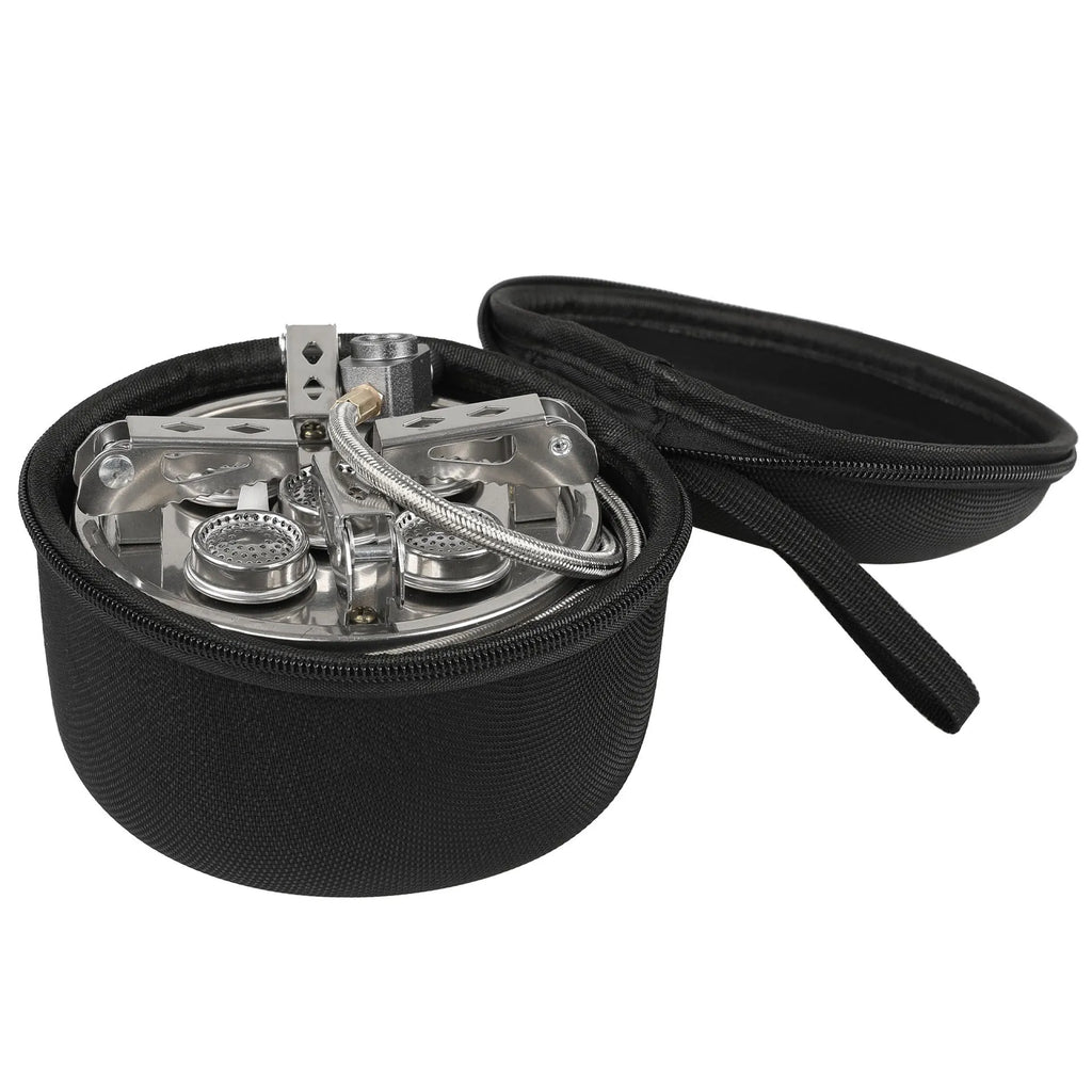 Silver stainless steel and copper portable split camping stove with foldable design and 100cm hose