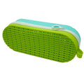 Silicone glasses case with long handle in rose red light purple colour showing dimensions