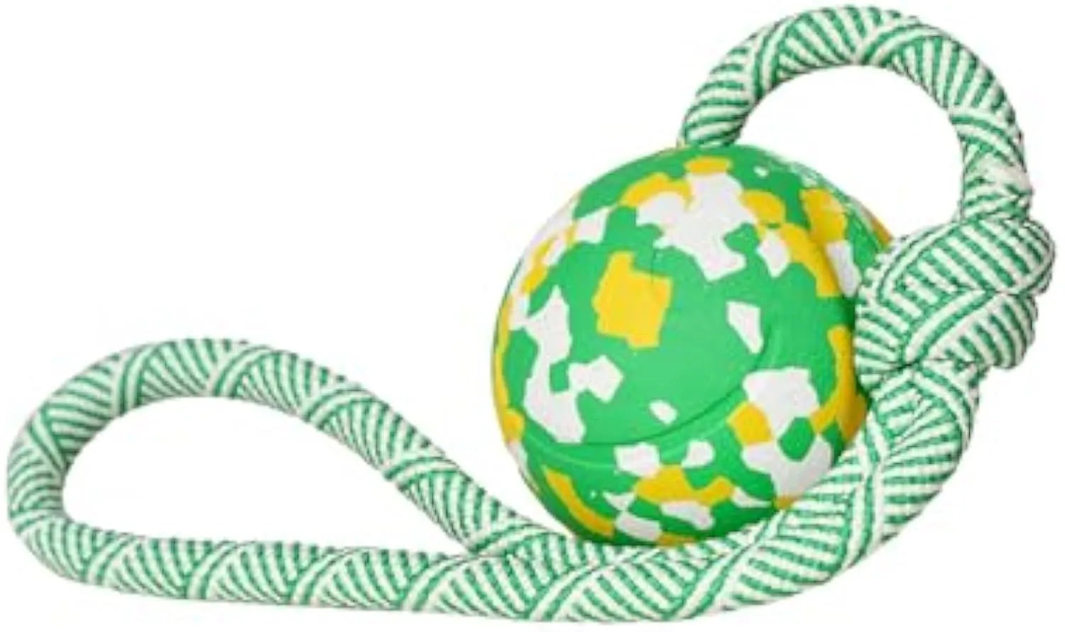 Natural rubber dog ball attached to nylon rope for interactive fetch and tug games