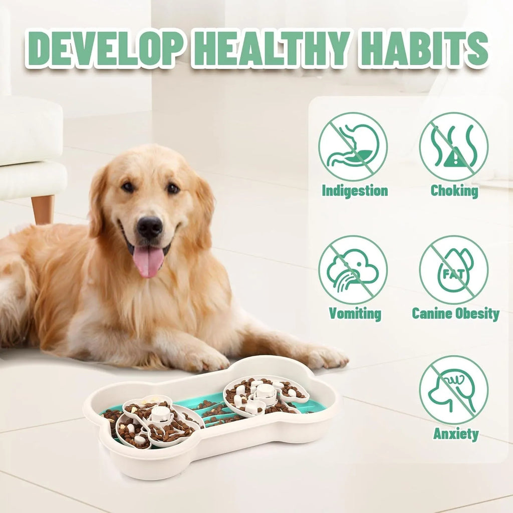 Large green slow feeder dog bowl with three rotating trays and non-slip suction cups
