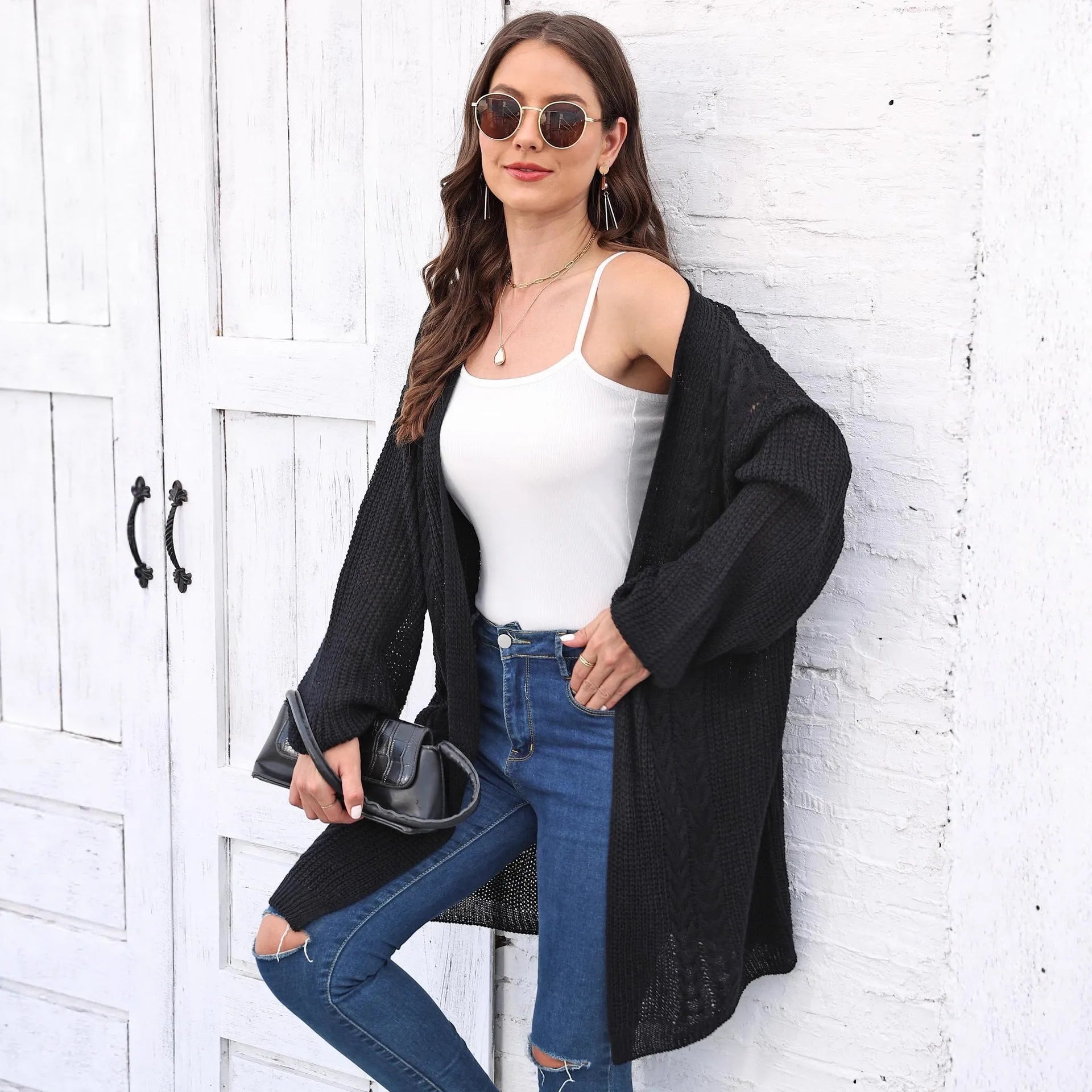 Women's loose acrylic sweater coat in army green colour with European American style casual fit