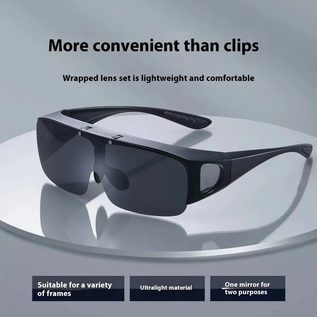 Black one-piece polarized myopia sunglasses with interchangeable lens chips for cycling and climbing