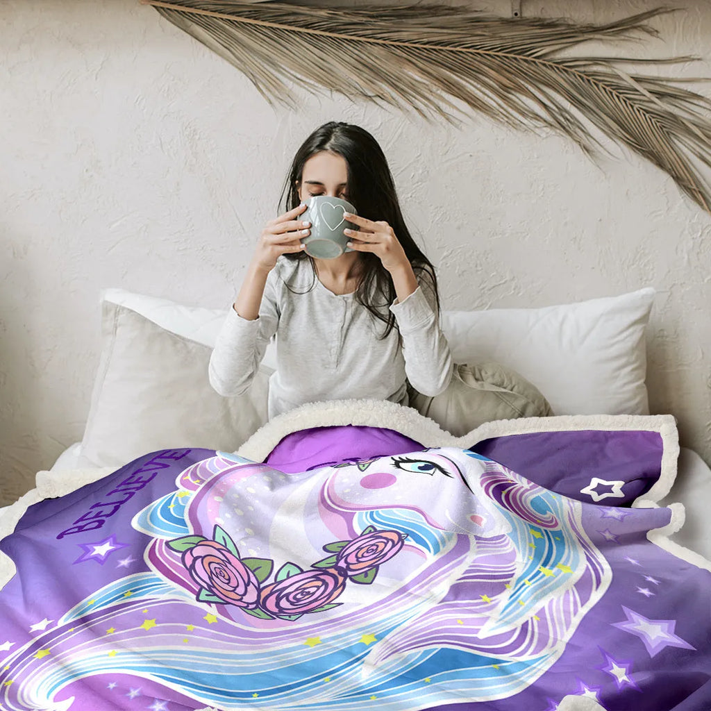 High weight soft warm unicorn themed purple lamb wool blanket on sofa