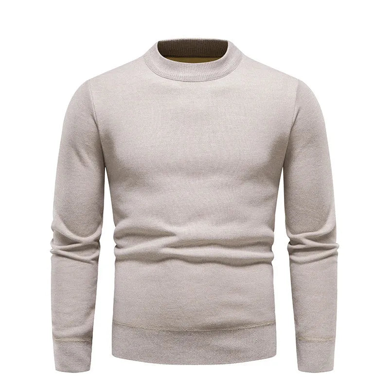 Fleece-lined thick men's bottoming sweater in loose fit pullover style, beige colour option