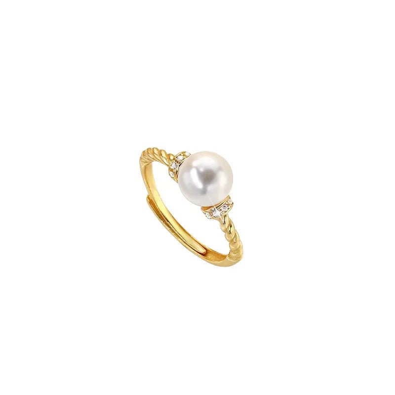 Adjustable copper pearl ring with geometric design in gold or silver finish