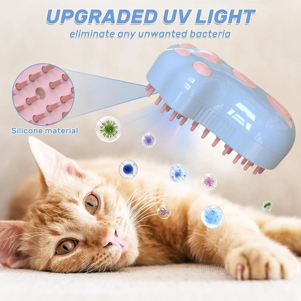 Self-cleaning cat steam brush with silicone bristles and rechargeable spray in blue colour