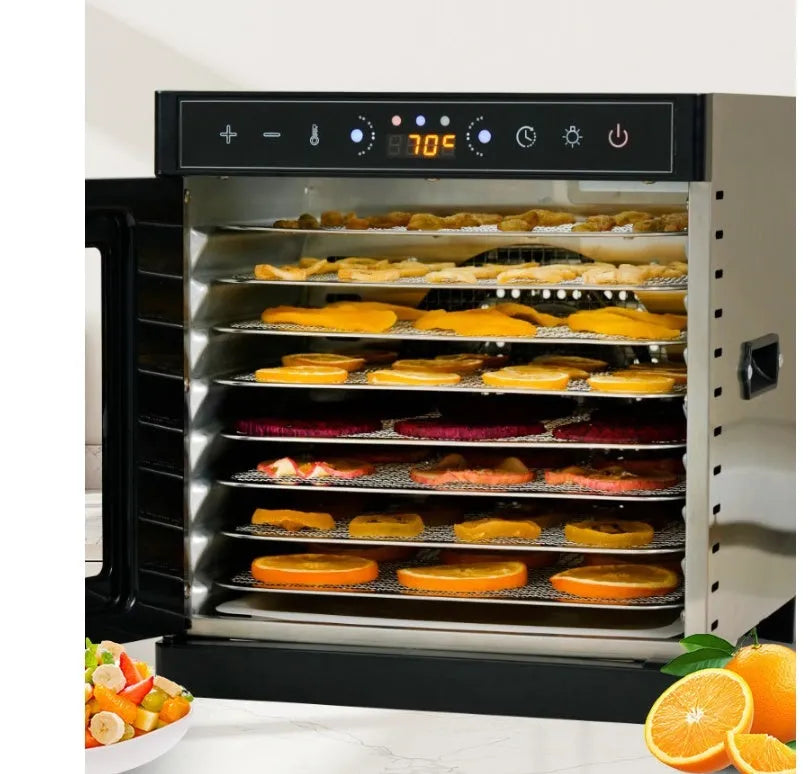 Stainless steel fruit dehydrator with LED control panel and multiple drying trays