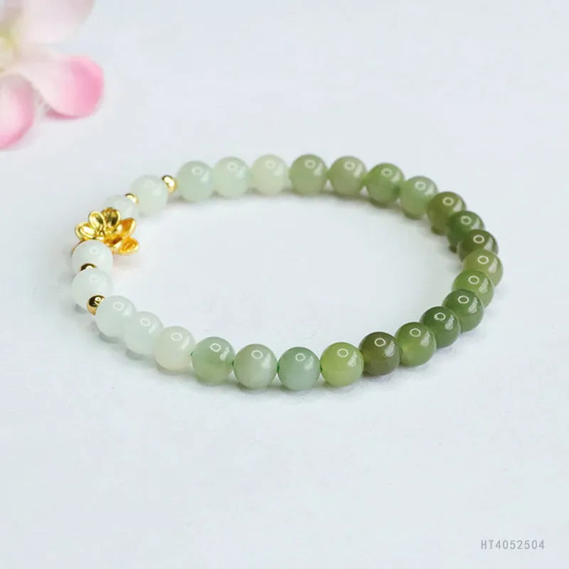 Hand-woven hetian jade gradient lotus flower bracelet with 6mm beads and national style design
