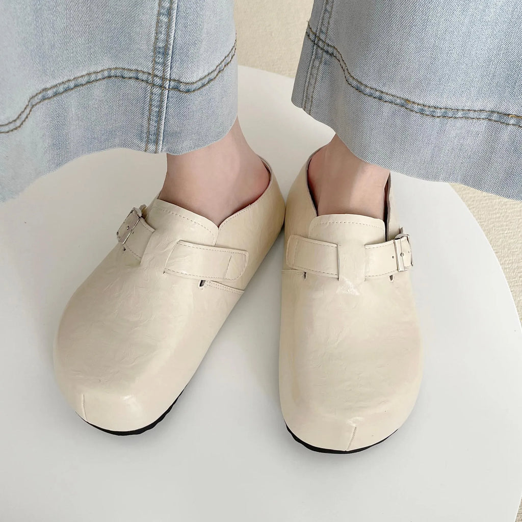 Flat buckle casual sneakers with round toe and PU leather upper in multiple colour options