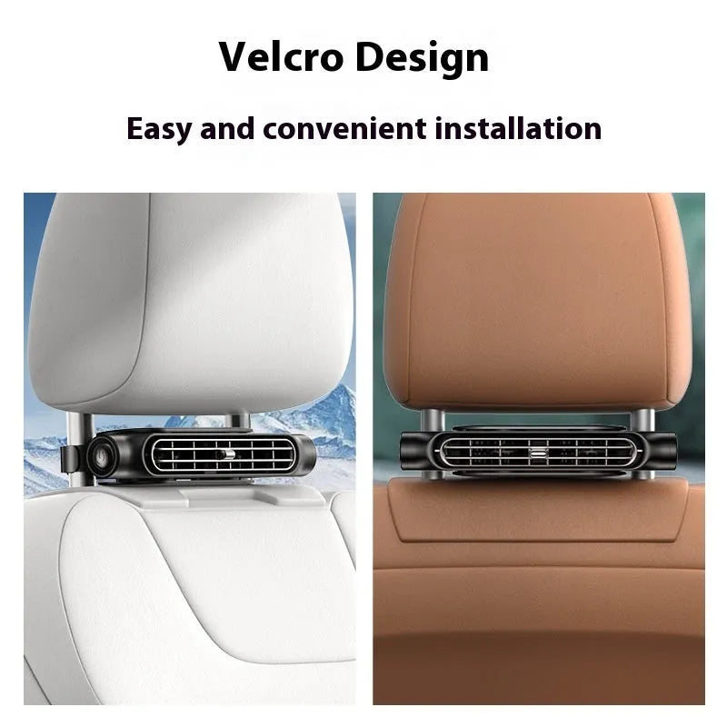 A compact USB plug-in car fan with velcro strips, shown in black, white, and beige colour options.