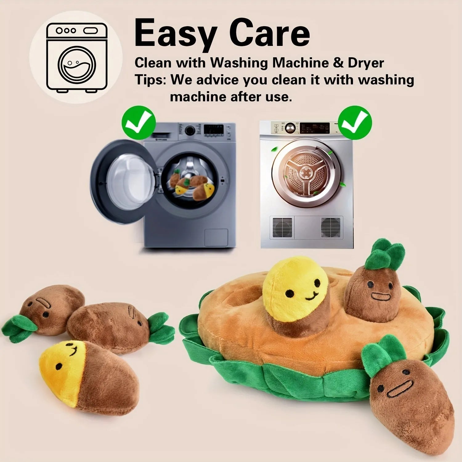 Yellow interactive dog puzzle pad with foraging pockets and removable squeaky plush toys