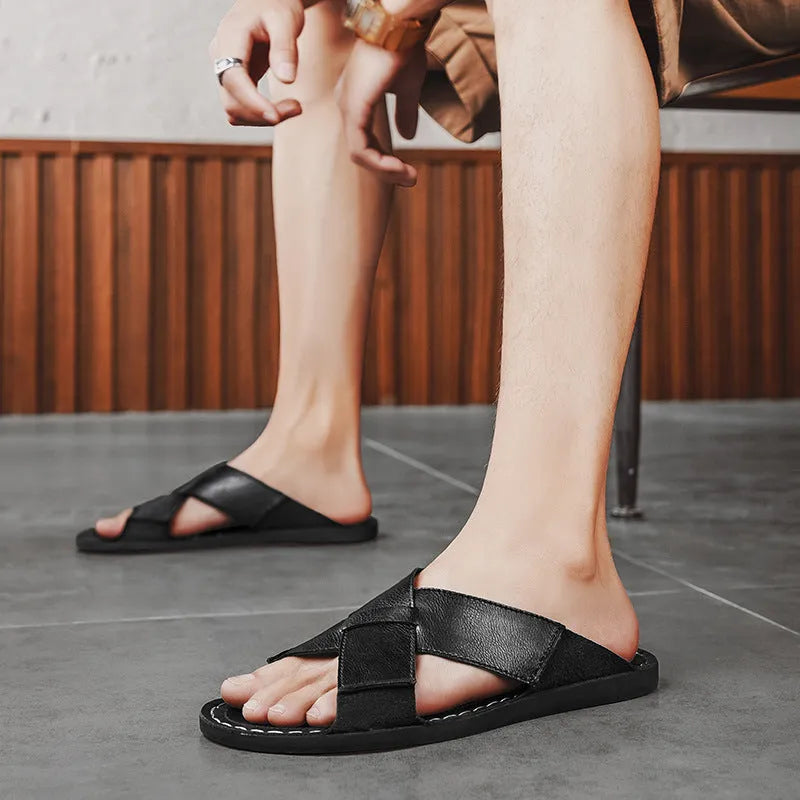 Men's black and brown genuine pigskin leather slip-on casual beach sandals with frosted finish.