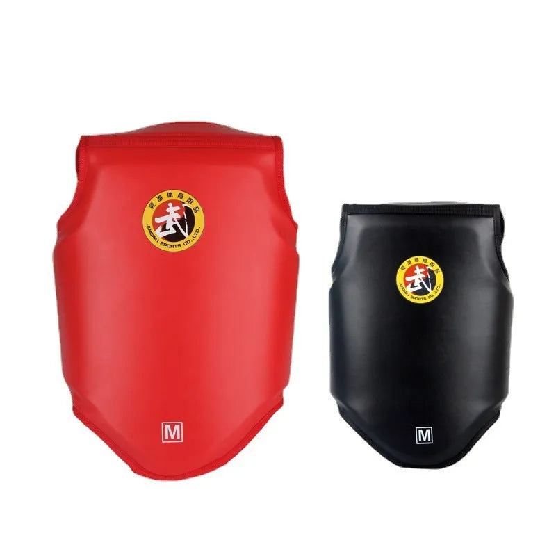 Red boxing helmet and matching one-piece chest protector on a sports background.