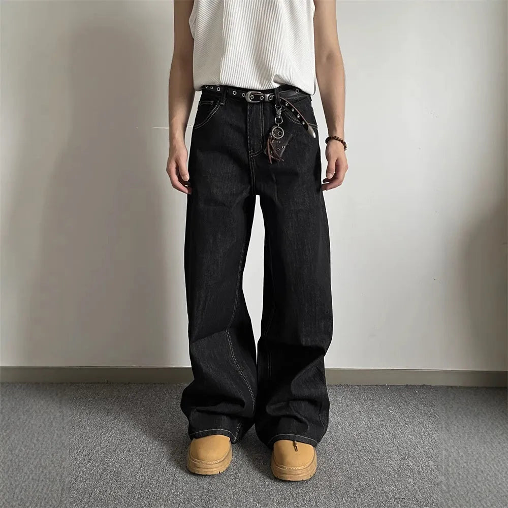 Black loose wide-leg retro jeans with straight-leg cut and mid-rise waist