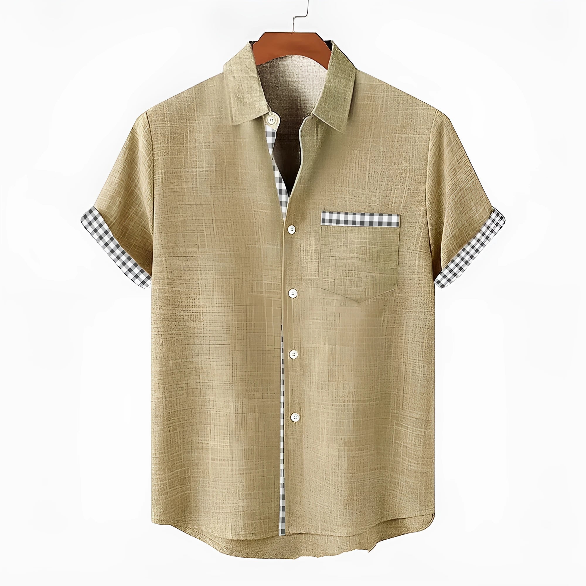 Loose fit linen short sleeve shirt with an ocean fish pattern print on the lapel.