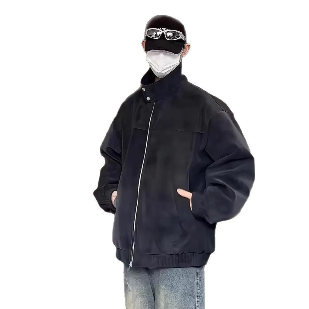 Men's black vintage tie-dyed PU leather jacket with stand collar and side pockets