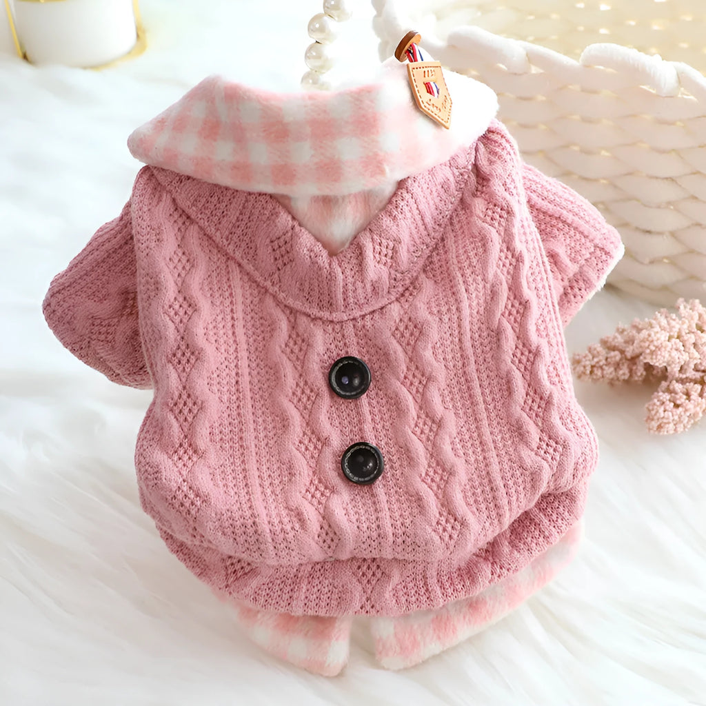 Blue wool plaid dog sweater with fake two-piece design fleece-lined for warmth