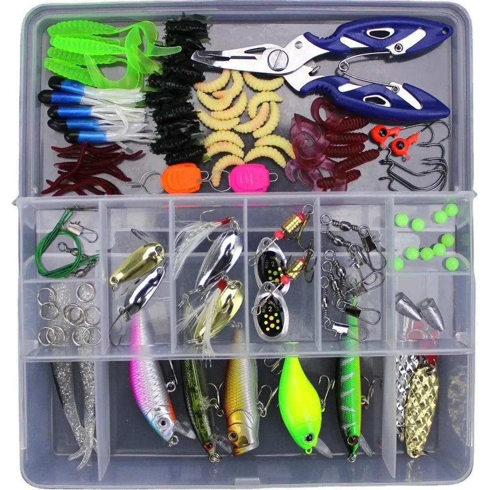 Fishing lure suit in PP plastic tackle box containing colour thread and thunder frog lures
