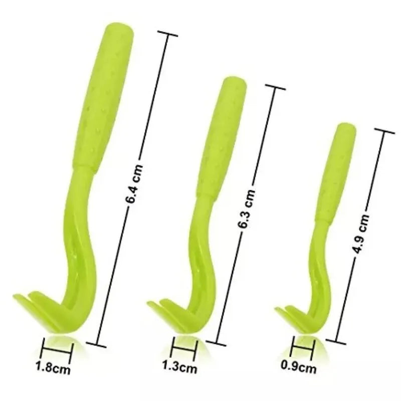 Three plastic pet tick removal tools in blue and green colours with hook design for parasite extraction