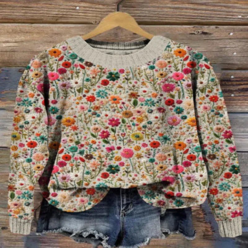 Women's little flower digital printed round neck polyester sweater in floral pattern