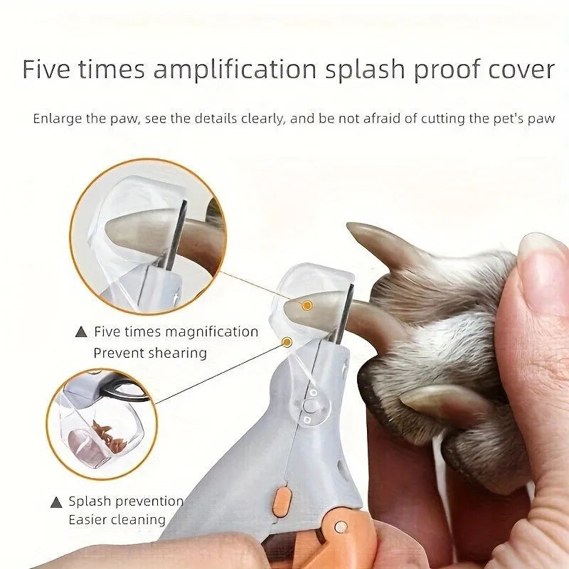 Yellow LED pet nail trimmer with magnifying glass, for trimming cat and dog nails safely.