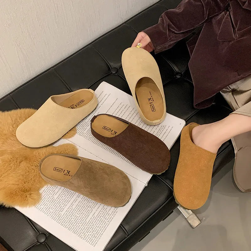 Korean-style outdoor slip-on slippers in apricot colour with square toe and microfiber construction