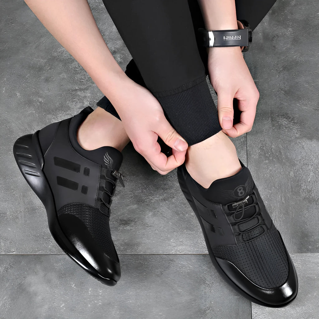 Men's black casual height increasing shoes with chunky rubber sole, shown in leather, Lycra, and mesh upper options.