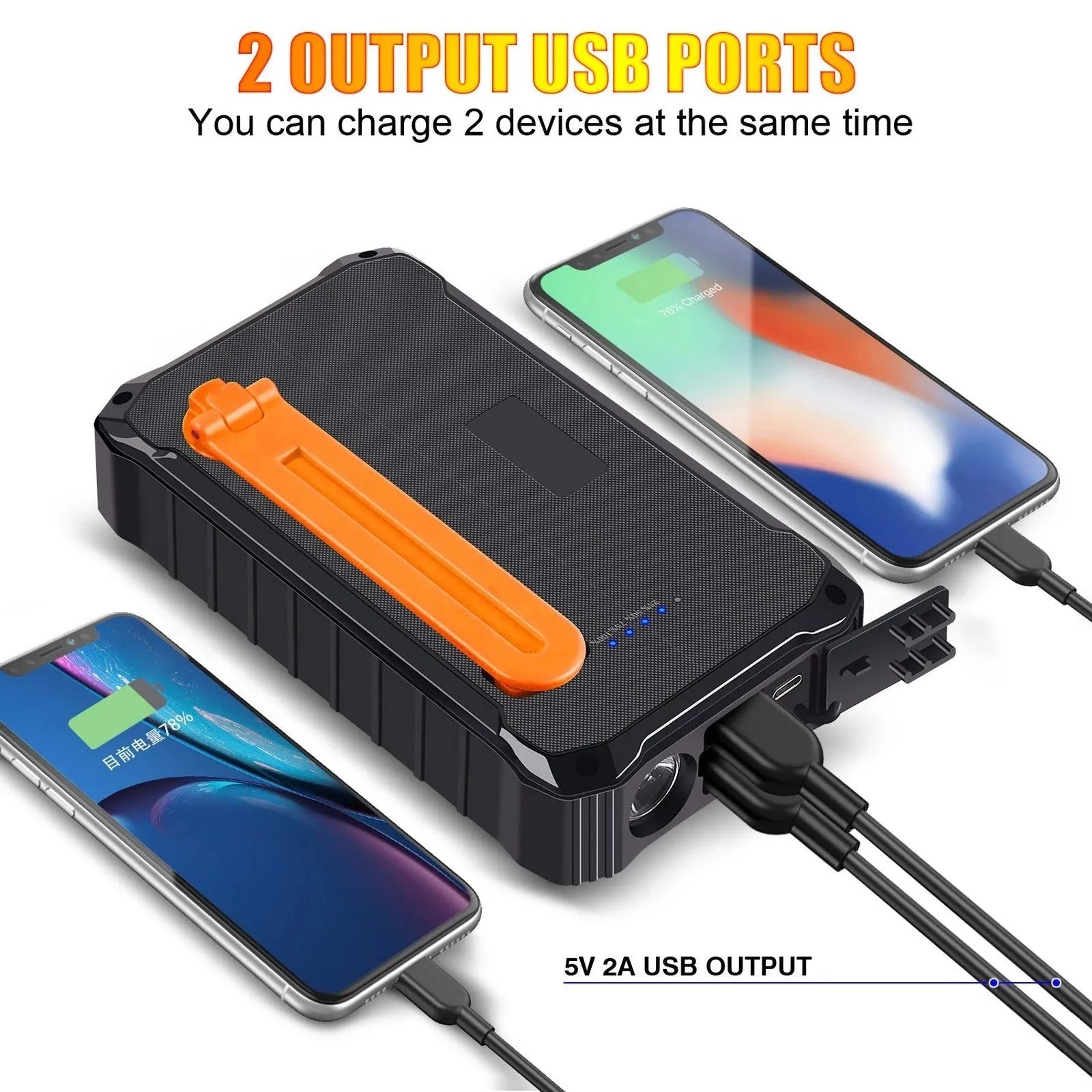 Green or orange hand solar mobile power bank showing dual USB ports and solar panel