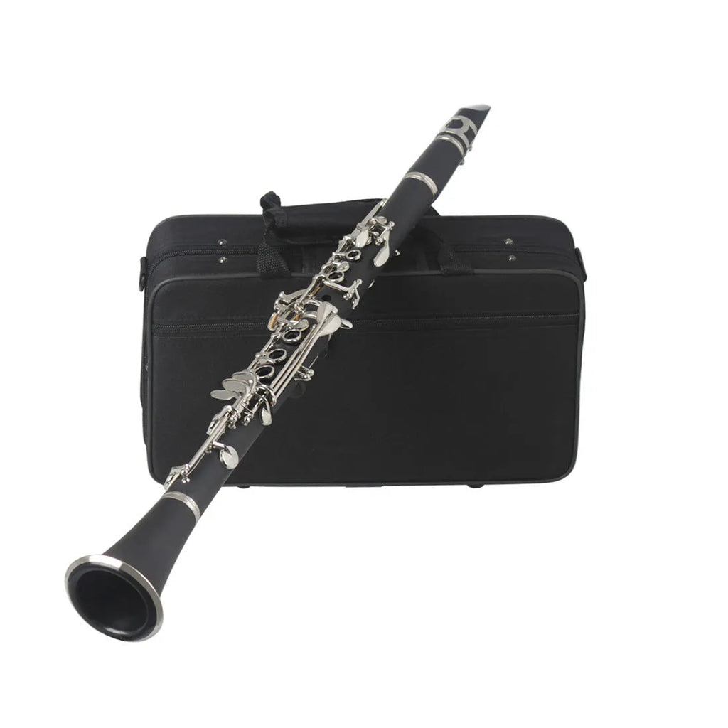 Black Bakelite clarinet with 17 nickel-plated keys and carrying case