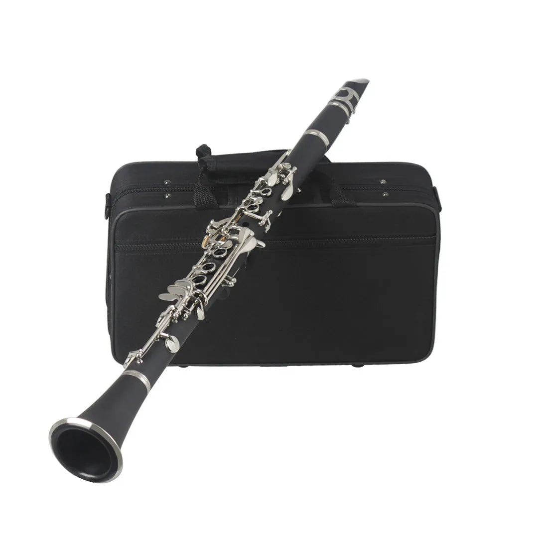 Black Bakelite clarinet with 17 nickel-plated keys and carrying case