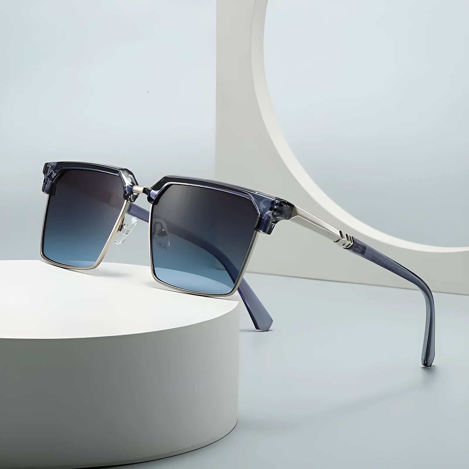Men's square sunglasses with box-style plastic frame showing six colour variant options