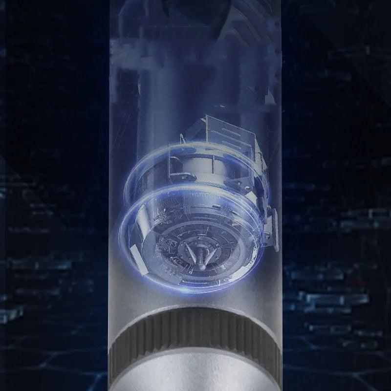 Precision cordless electric screwdriver with aluminium alloy handle, shown with battery and torque specifications.