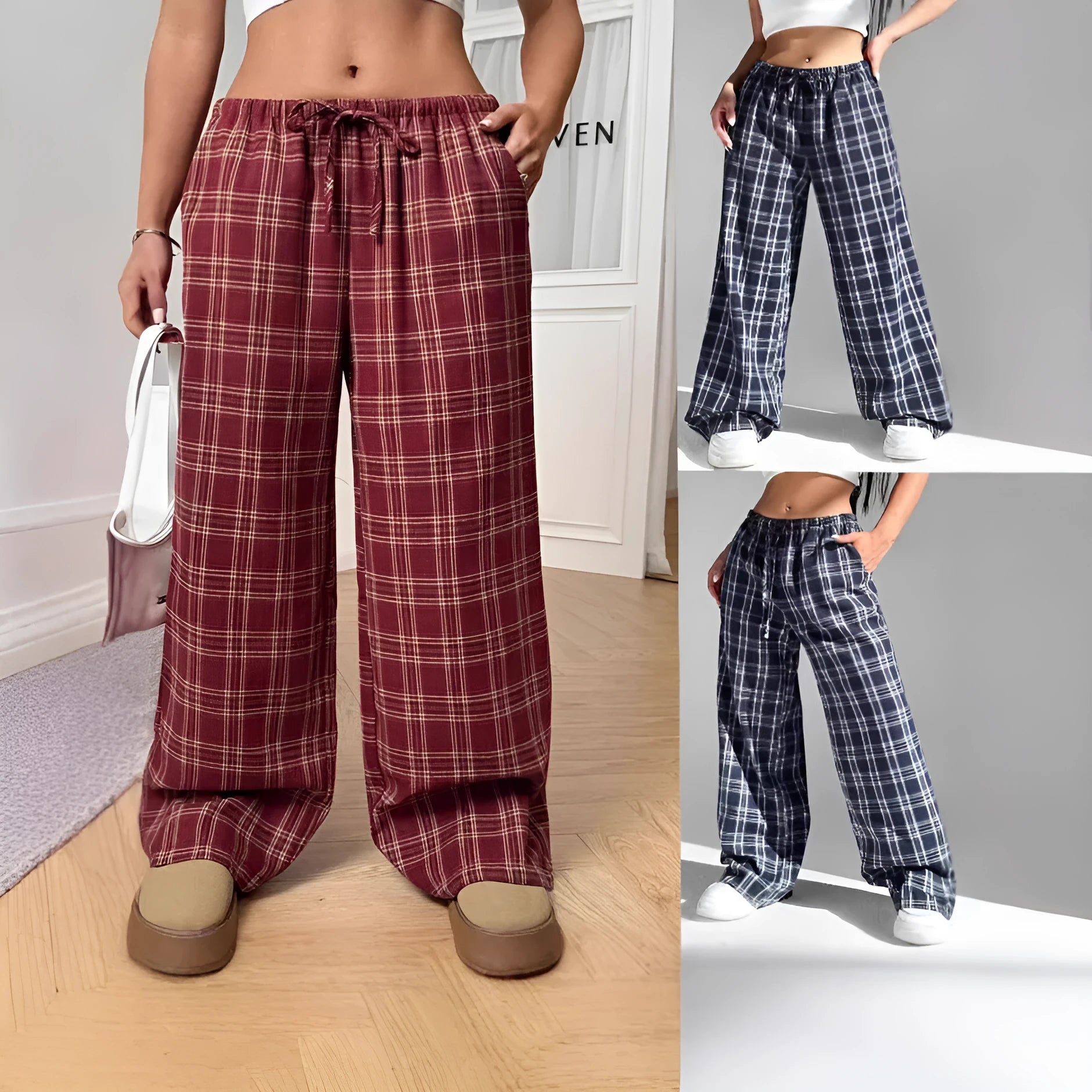 Blue plaid pocket on women's loose-fit casual trousers with a drawstring waistband.