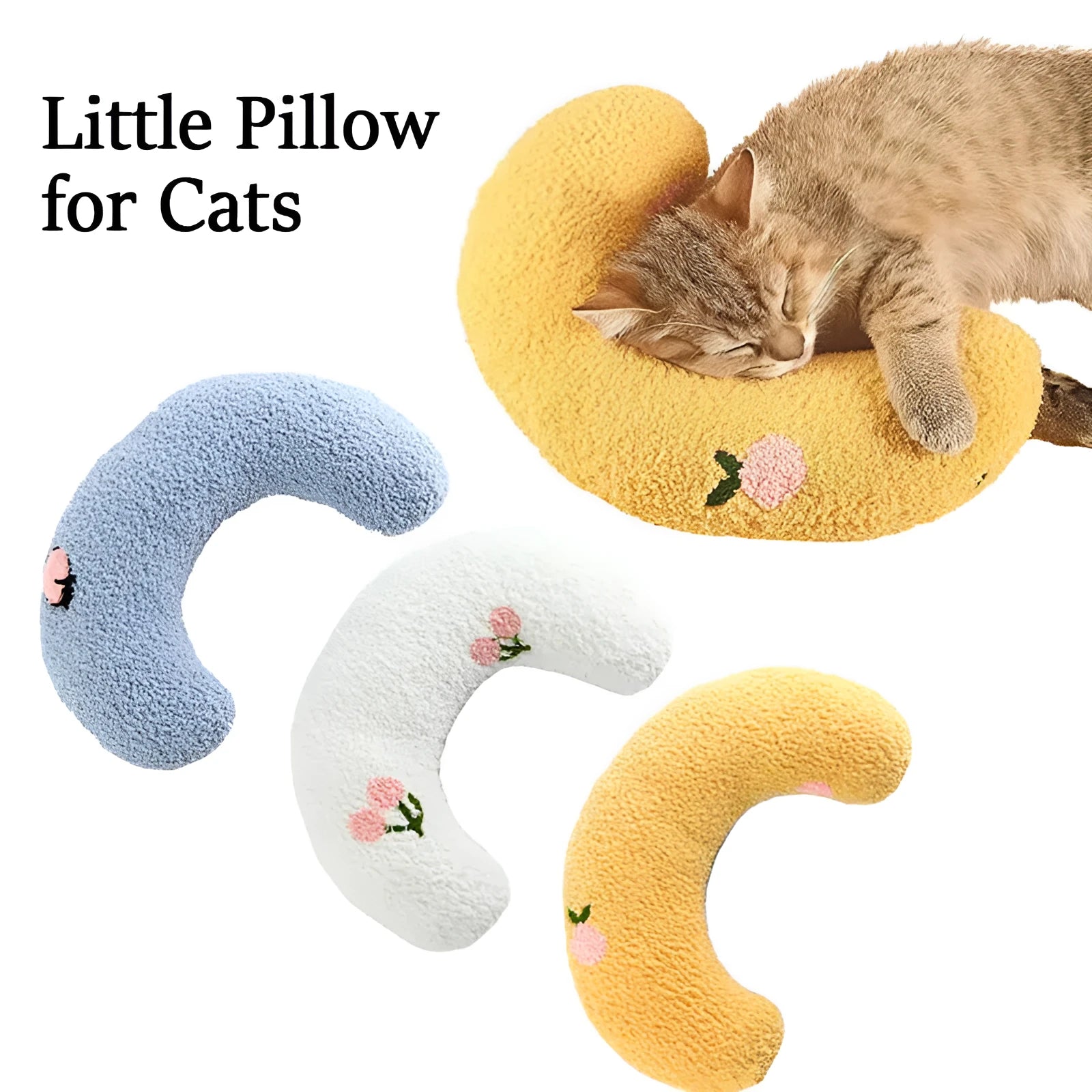 Small U-shaped plush pet pillow in blue for cats and small dogs, showing quilted faux fur texture.
