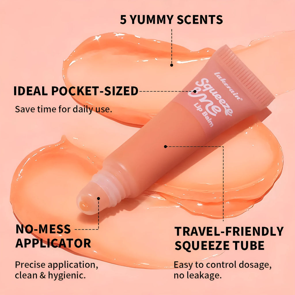 Sweet fruit flavour moisturising squeeze lip balm in 6g tube with five flavour options: Grape, Honeydew, Peach, Strawberry, and Vanilla Frosting