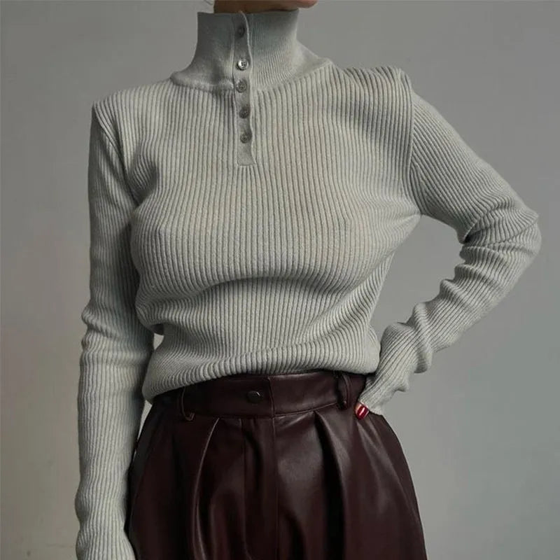 Retro breasted half turtleneck slim fit pullover sweater in silver grey or rice apricot.