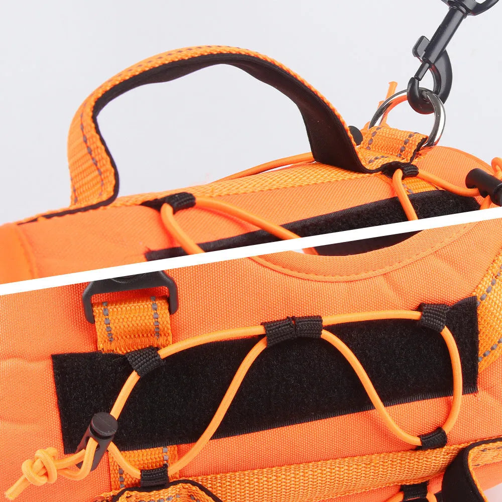 Orange reflective dog harness vest with integrated black hand-holding rope, shown on a dog.