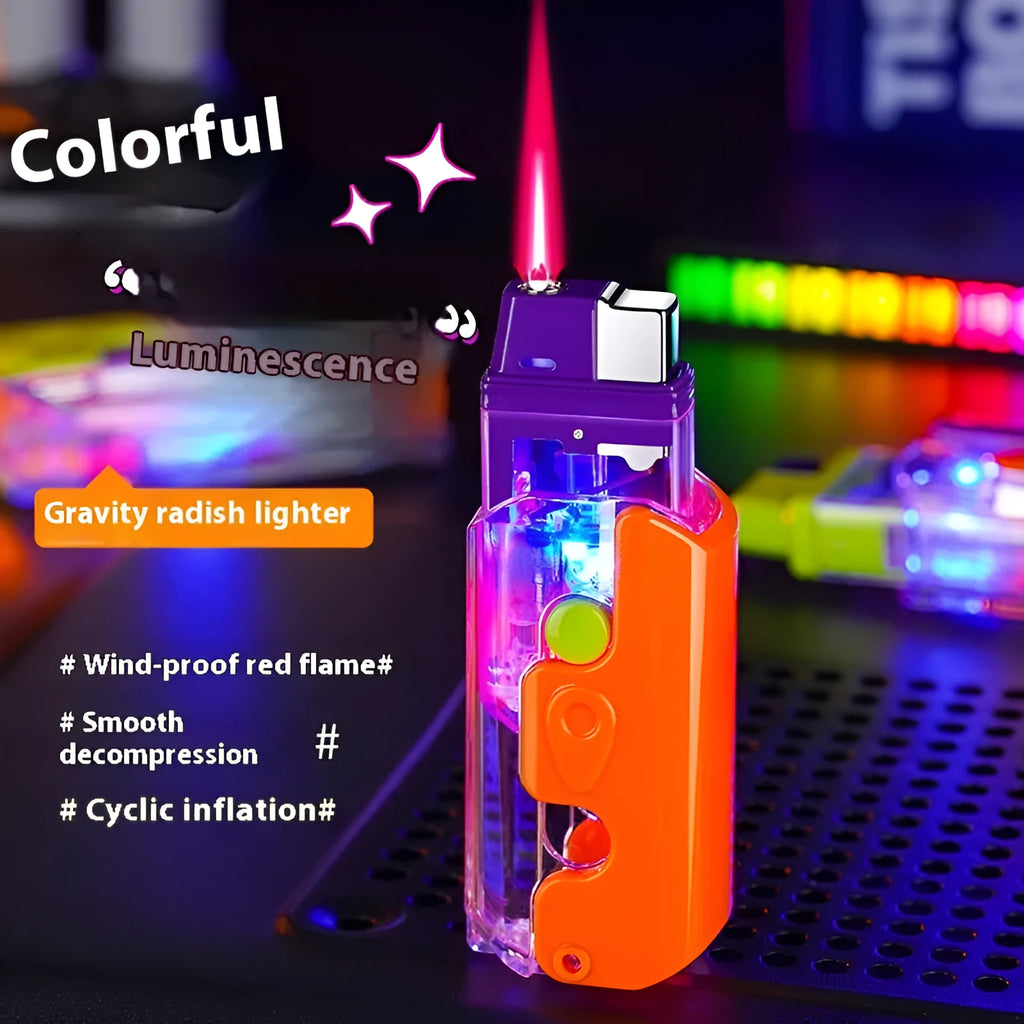 Colourful plastic windproof lighter with bare metal finish in orange, purple or green options