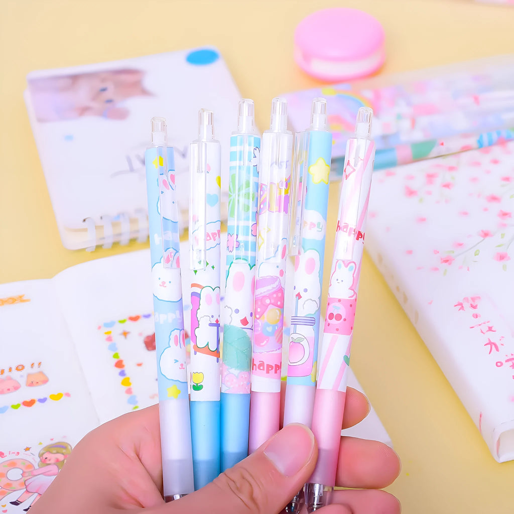 Cartoon bunny themed 0.5mm black ink pen set with six plastic shell pens for student stationery