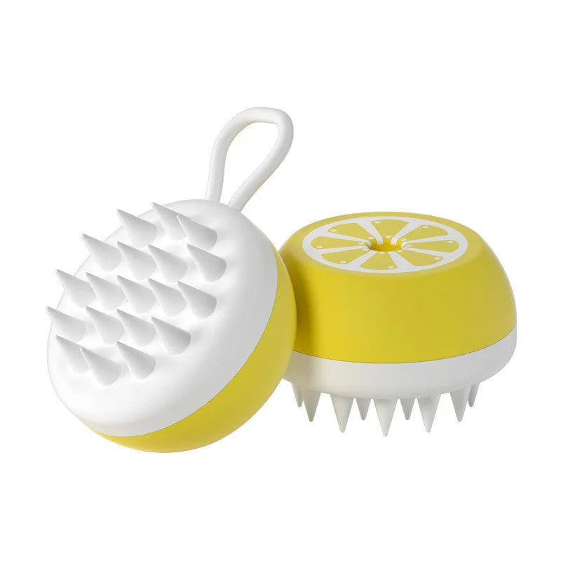 Yellow silicone pet bath brush with grooming comb and massage head functions