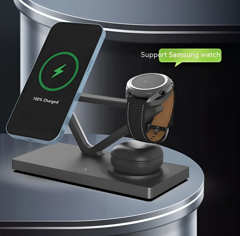 Black and white five-in-one wireless charging station with magnetic phone bracket, watch charger, and night light on wooden surface