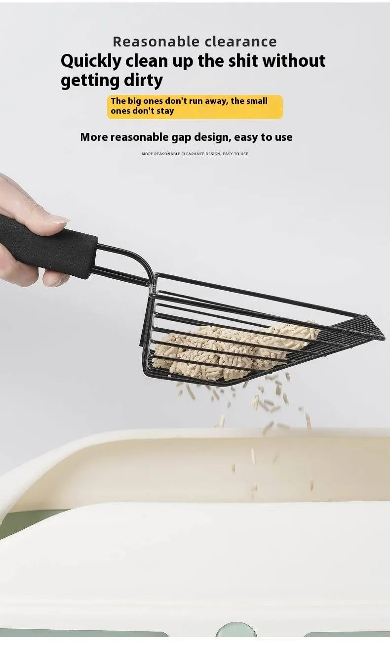Black metal cat litter scoop with narrow tines for sifting clumping cat litter.