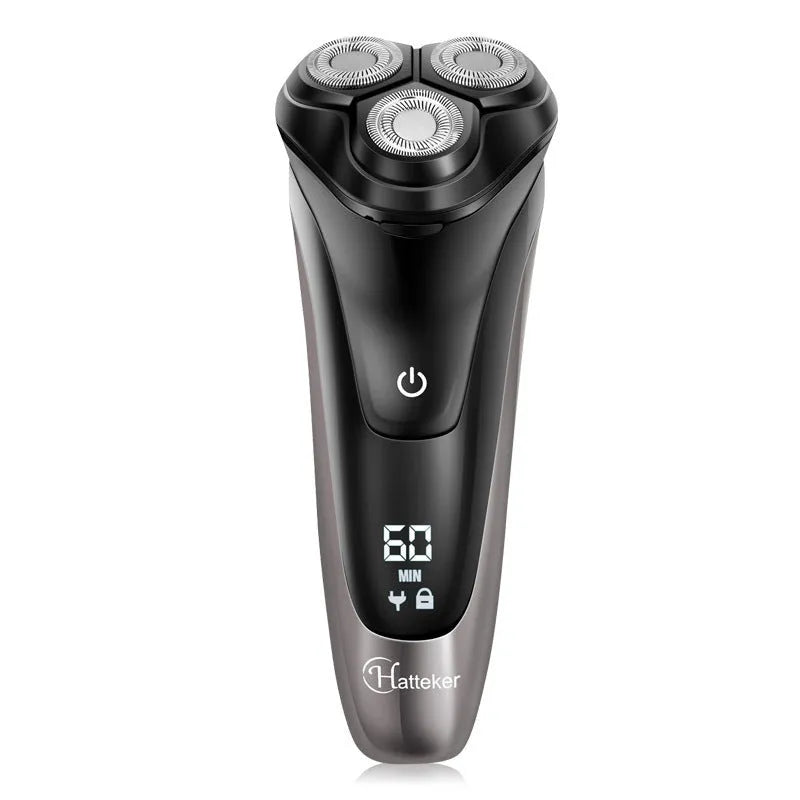 Electric shaver with three rotating heads and pop-up sideburn trimmer on black background